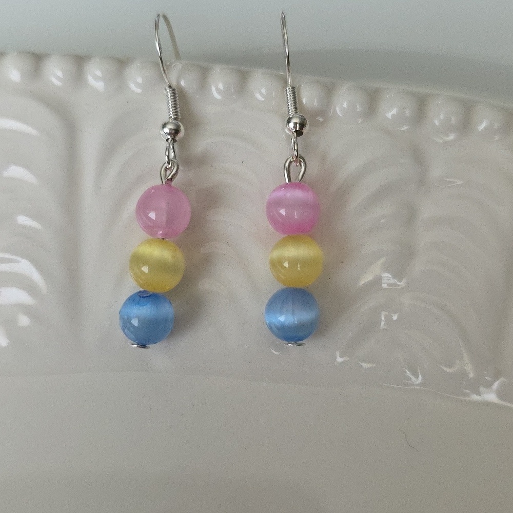 Pink Blue And Yellow  SELENITE  Pastel Beaded Handcrafted Artisan Earrings